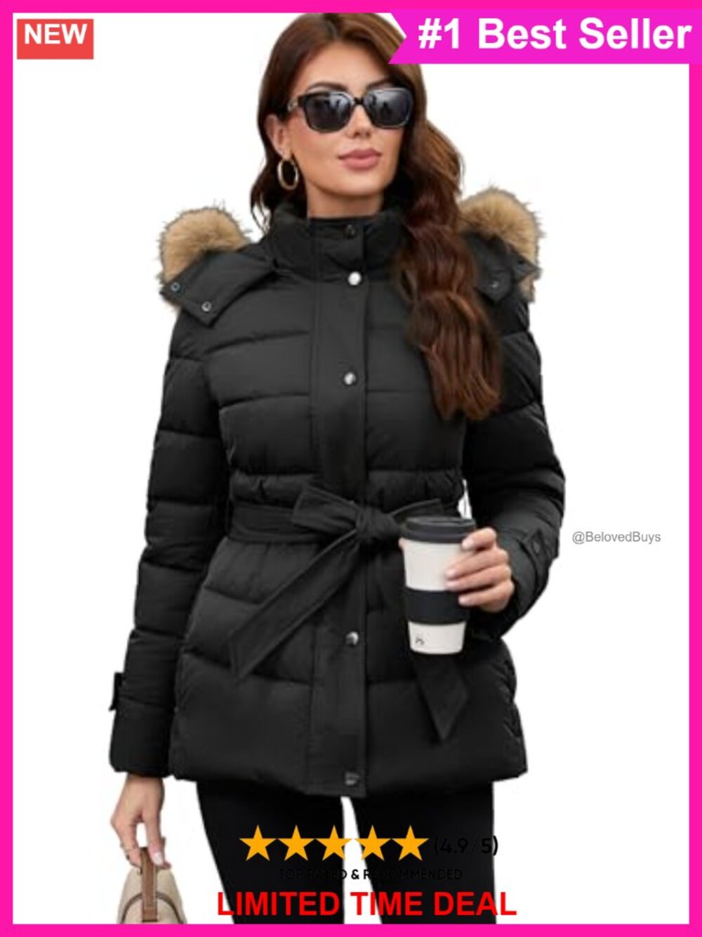 Belted Mid-Length Puffer Coat Faux Fur Collar Winter Jacket